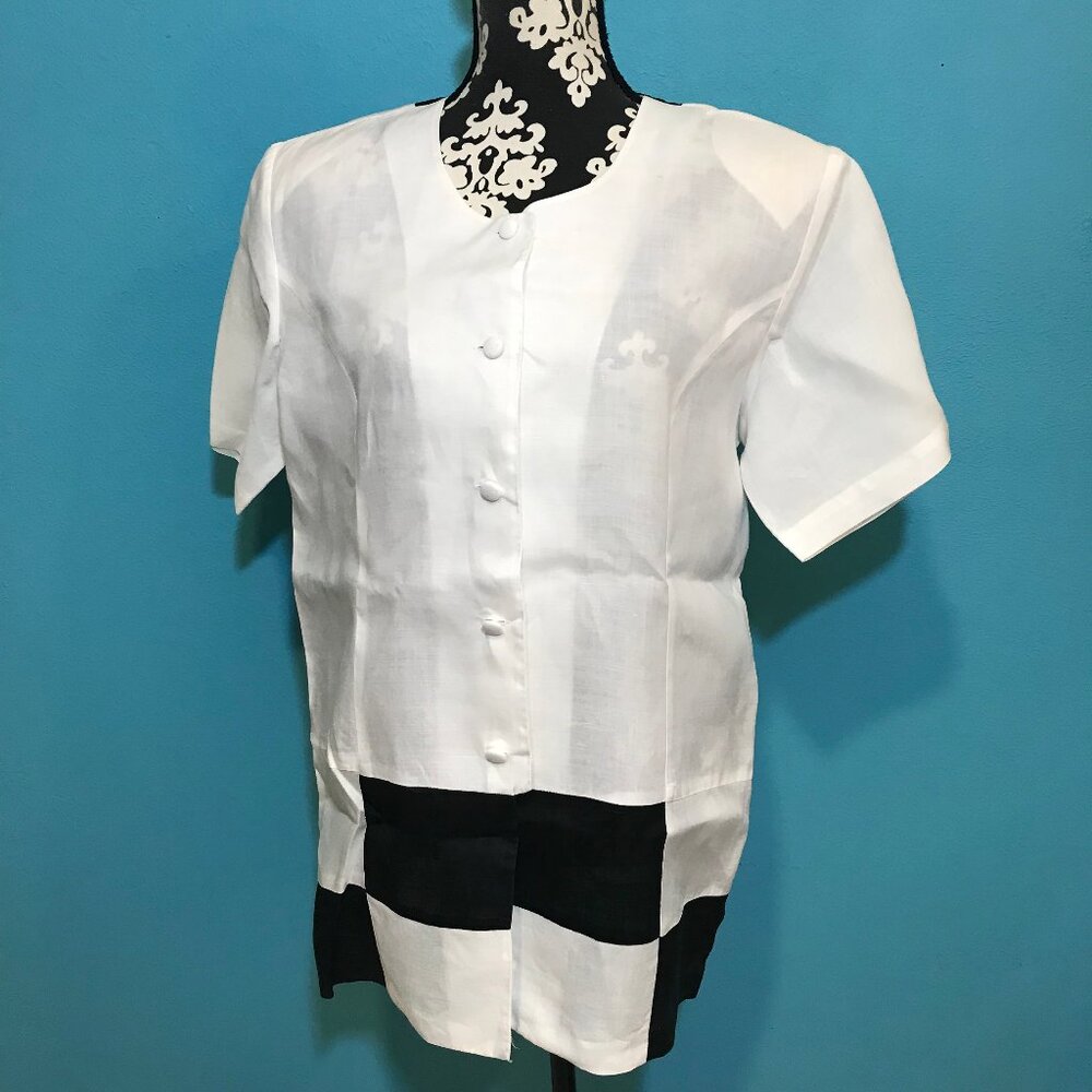 Ravel Woman's Checkered White & Black Button Front Linen Top GUC